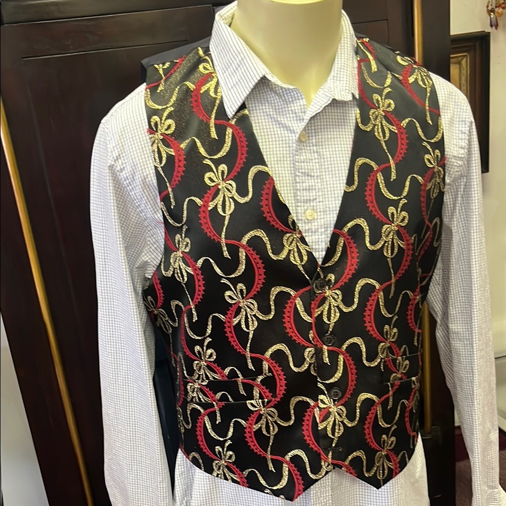 Vintage 90's Black Vest with Red & Gold Pattern by Dino Orsini Size L